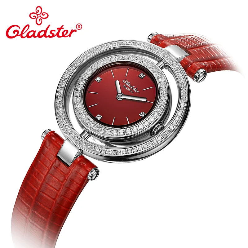 Женские кварцевые часы Gladster японские MIYOTA GL20 с бриллиантом красные кожаные