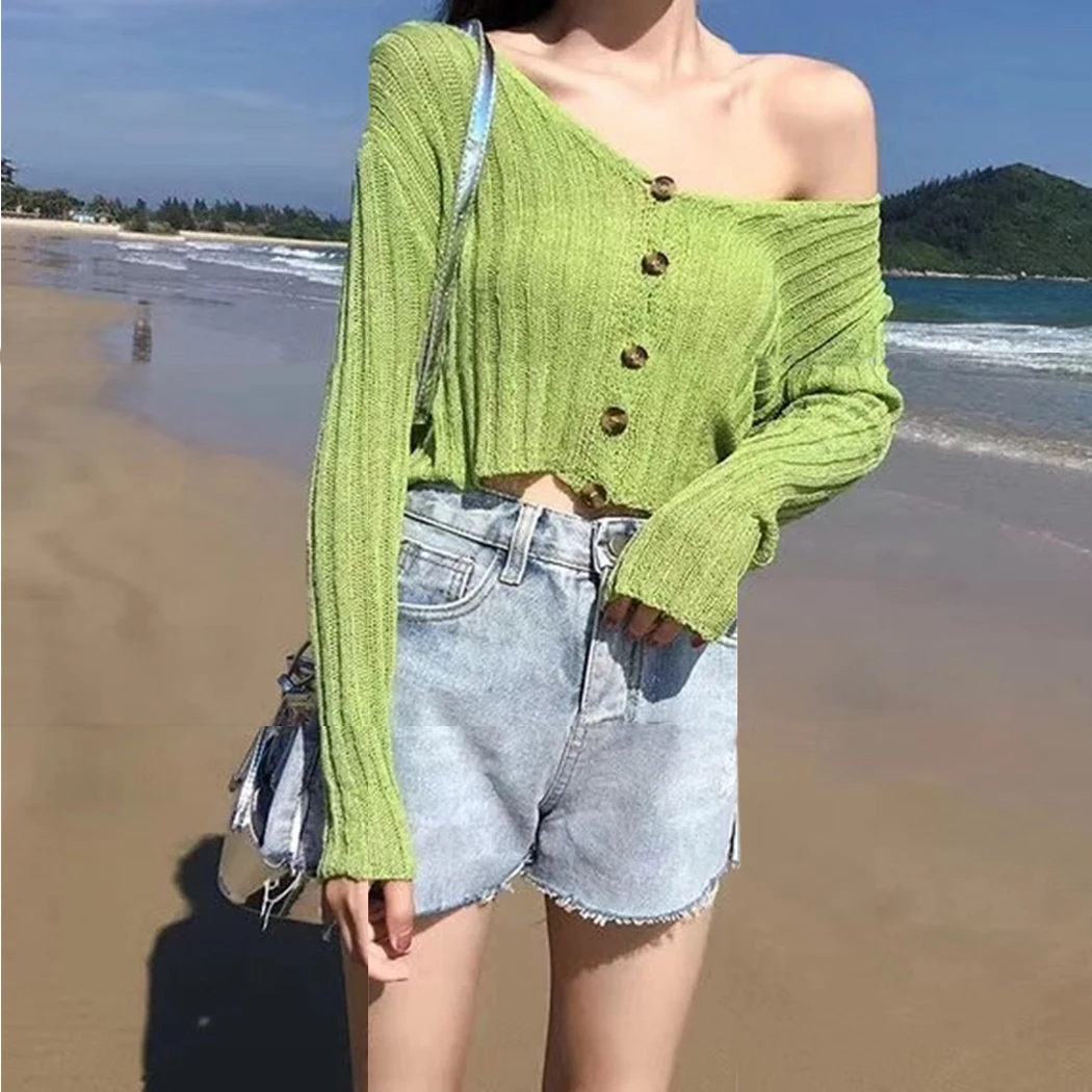 Sexy V-Neck Women Crop Tops Knitted Cardigan 2019 Summer Autumn Loose Button Thin Sweater Long Sleeve Elastic Cardigans Jacket |