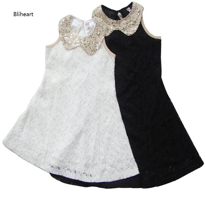 Gold Sequins Peter Pan Collar Girls Dress Lace Sleeveless White/ Black Dresses Kids For 2 3 4 5 6 7 8 9 Years Prom Summer | Детская