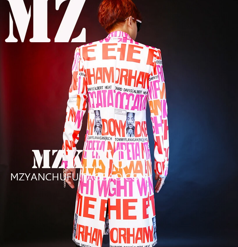 

Bigbang GD Men Singers Men DJ White Letters Long trench coat Slim Suit Costumes Stage Show Outwear Plus Size ! free shipping