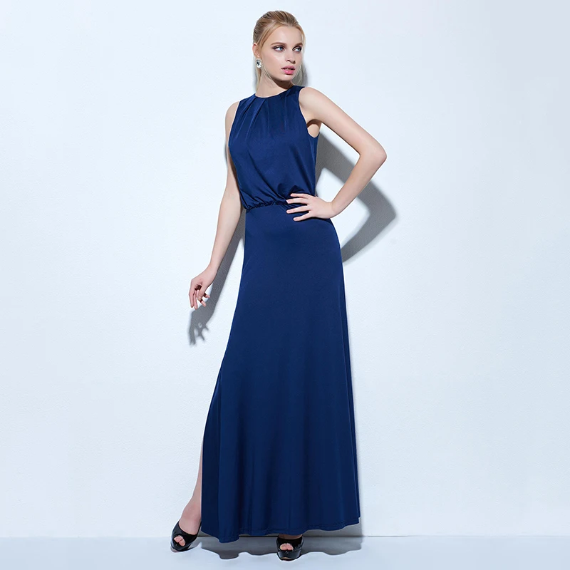 Длинное вечернее платье Tanpell недорогое темно синее в пол без рукавов|evening dress|long