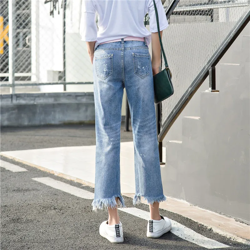 YAGENZ 2017 Fashion Korean Women Hole Burr Jeans High waist Loose Nine points pants Straight Retro Students Wide leg |