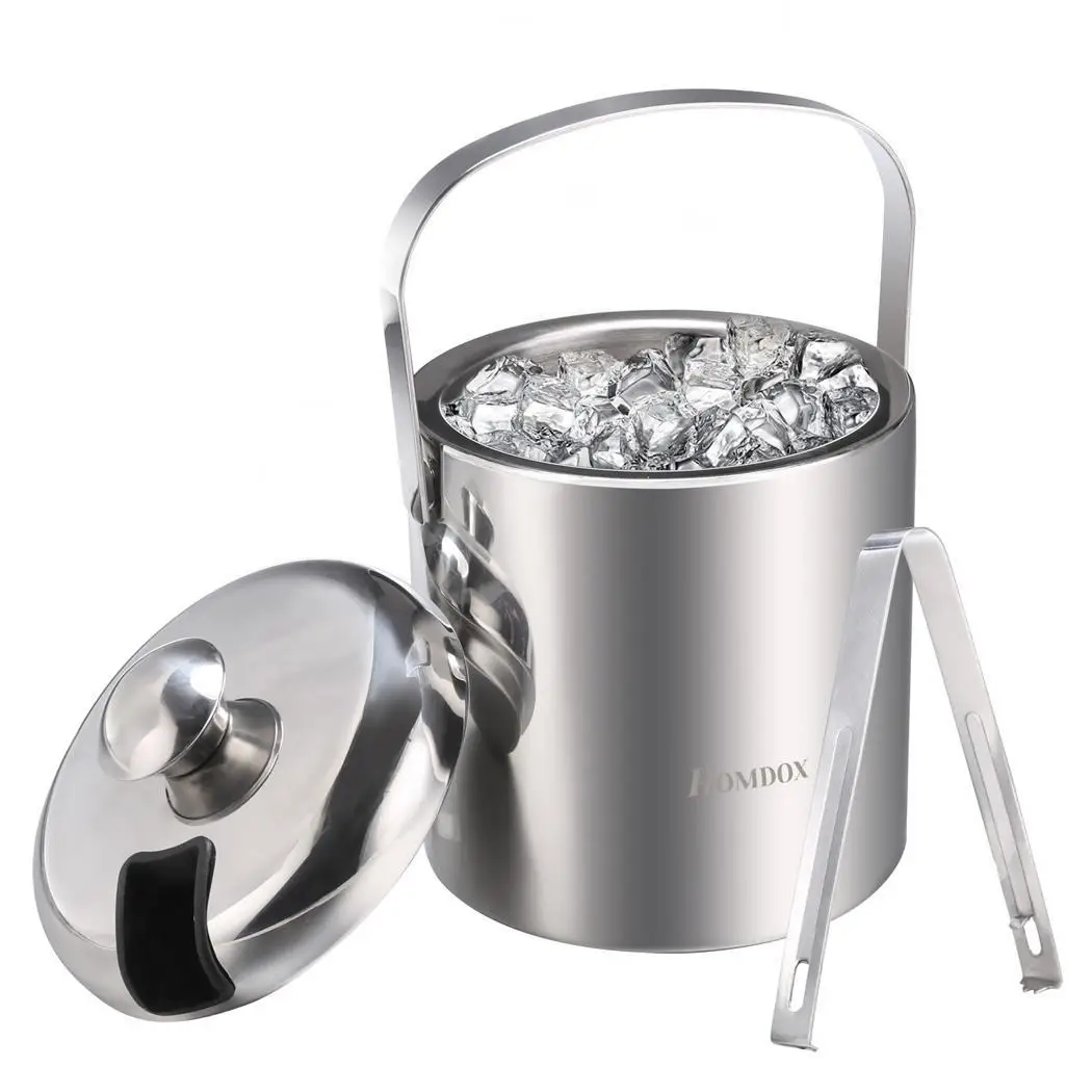 Homdox Stainless Steel Handle Ice Bucket Chrome Finish Thick Ice Pail with Tweezers