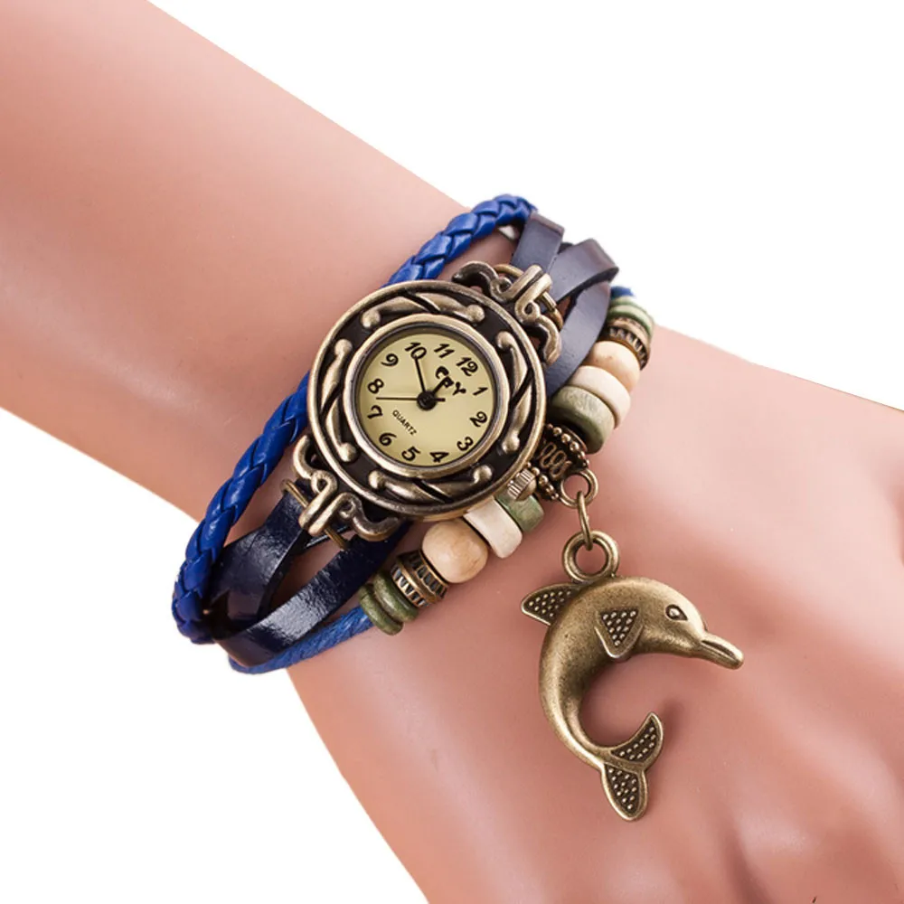 Модные Женские кварцевые плетеные кожаный браслет-Дельфин наручные часы 2019 Reloj de