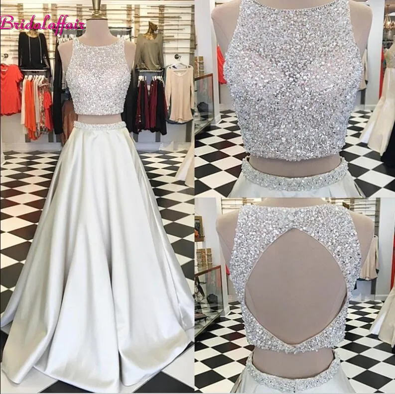 Vestido De formatura красивые горячая Распродажа платьев с длинными серебристого цвета из двух предметов платье для выпускного вечера Для женщин бисера атласное торжественное Вечеринка платье