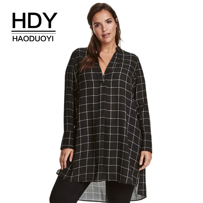 Платье рубашка HDY Haoduoyi с длинным рукавом и треугольным вырезом большие