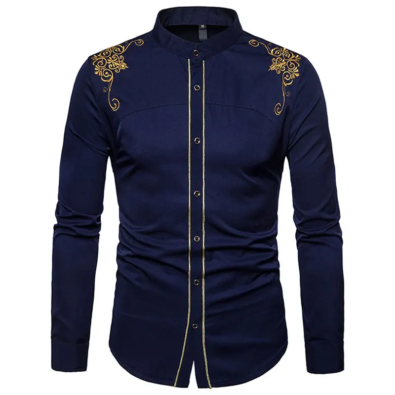 Black Gold Embroidery Shirt Men 2022 Spring Stand Collar Long Sleeve Vintage Casual Dress Shirts Men Luxury Buisness Clothes