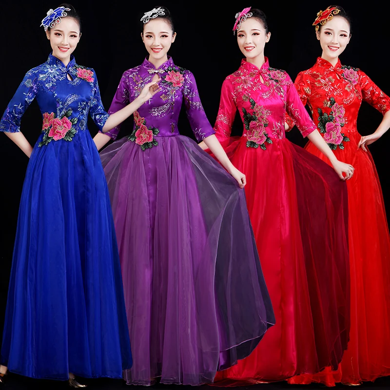 2019 Big swing skirt costumes new modern opening stage chorus costume guzheng dance long female adult S-XXXL | Тематическая одежда