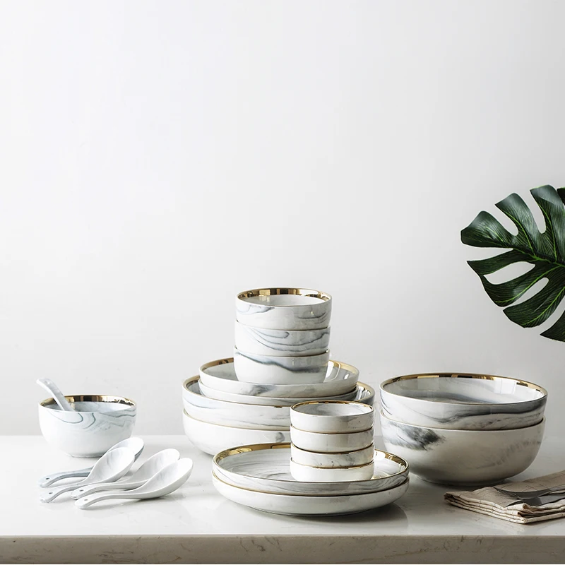 

Marble Plate Dishes Pattern Porcelain Plates 8 inch Ceramic Dinner Tableware Dinner Set Gold Side Exquisite Stroke Dish Bowl