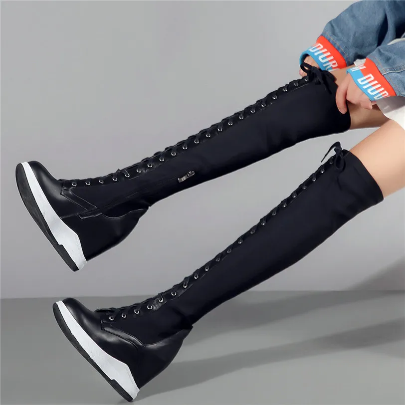 Thigh High Boots Women Genuine Leather Lace Up Knee High Booties Wedges High Heel Tall Shaft Punk Sneakers Winter Punk Creepers