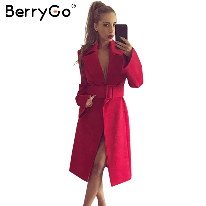 BerryGo элегантный Тренч с расклешенными рукавами длинное пальто женское поясом