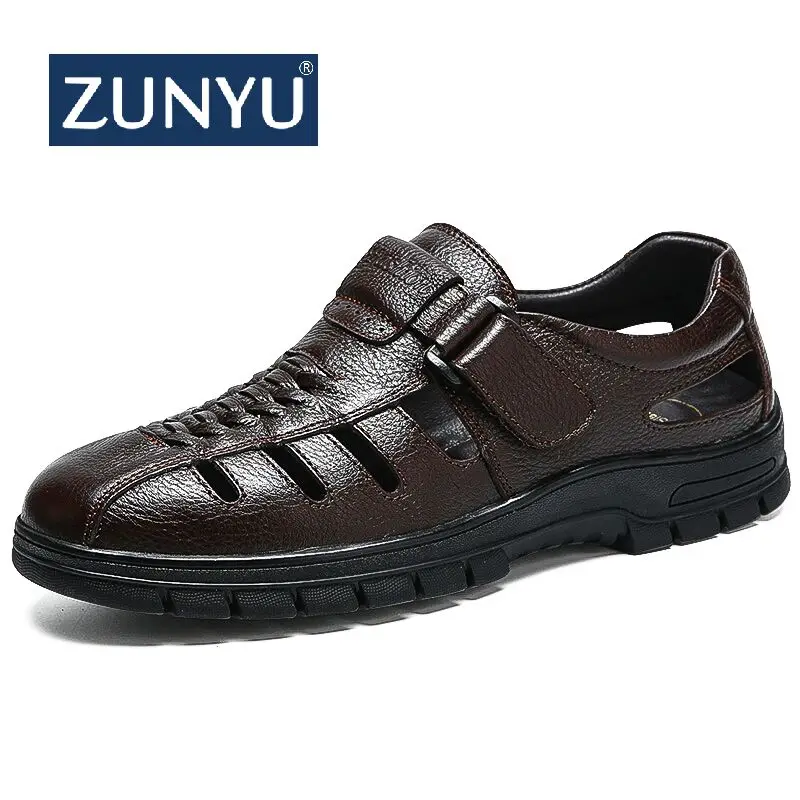 Мужские кожаные сандалии ZUNYU черные модельные Формальные с нескользящей