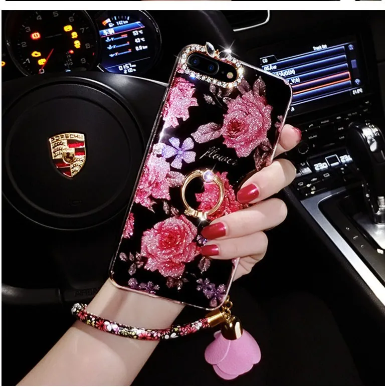 Marchcover для iPhone X 8 7 6 S Plus блестящий цветок розы бриллиантовое кольцо подставка