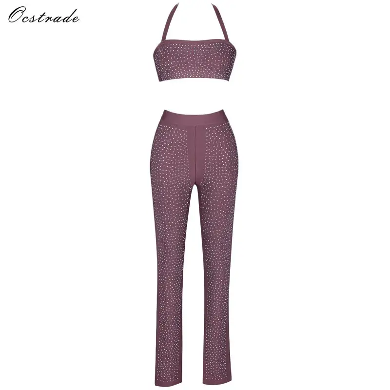 Ocstrade 2 Piece Bandage Set Clothing New Arrival 2019 Womens Brown Luxury Beaded Sexy Top and Pants Two | Женская одежда