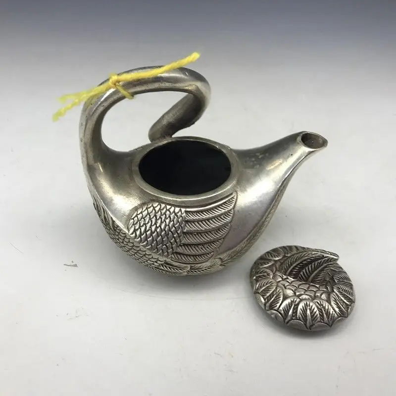 

Exquisite Chinese Old Tibet Silver Copper Carved Swan Shape Teapot Wine Pot Water Pot Qianlong Mark