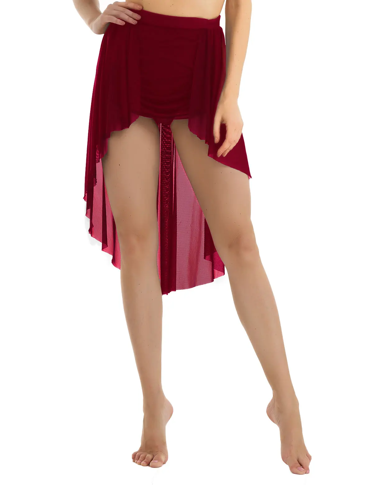 Wine Red Женская юбка для танцев с высокой талией, со встроенной короткой однотонной балетной прозрачной сетчатой панелью, юбка-скошенный сверху вниз, асимметричный юбка - Цвет: Wine Red