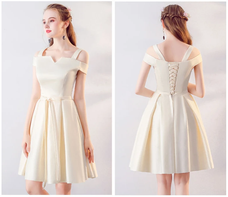 Женское Короткое атласное платье цвета шампанского с открытыми плечами 16 пышных