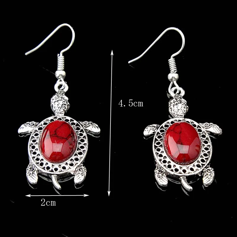 Античное серебро 3 шт. черепаха красная бирюза натуральное ожерелье серьги