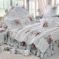 pastoral princess beige bedding set luxury flower printing ruffles duvet cover bed skirt bedspread bedclothes cotton queen king