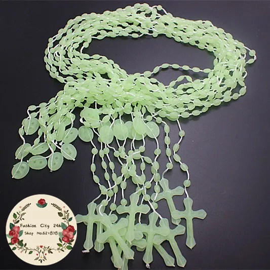 

12pcs/pack fashion Luminous Jade Green Catholic Religious Prayer plastic beads(7*5mm) rosary necklaces,LKXL003