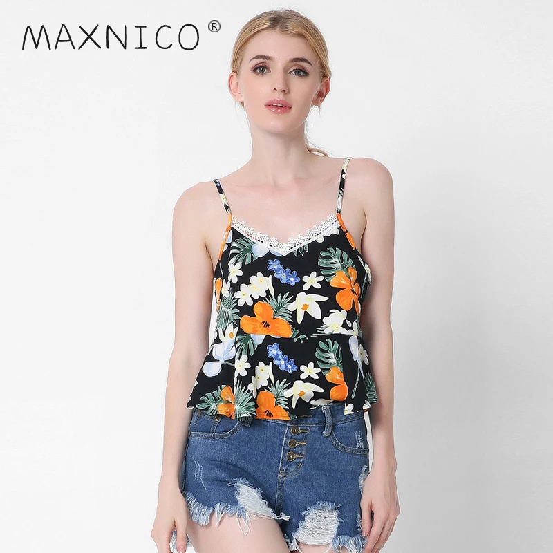 MaxNico Летние Женщины Топы Цветочный Принт Майки Кружева Оборками Ремень Sexy Спинки