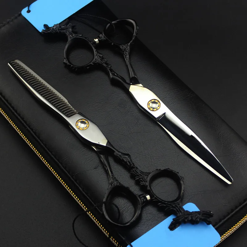 Custom japan 440c 6 inch black Dragon hair cutting scissors barber makas thinning shears haircut scissor hairdressing | Красота и