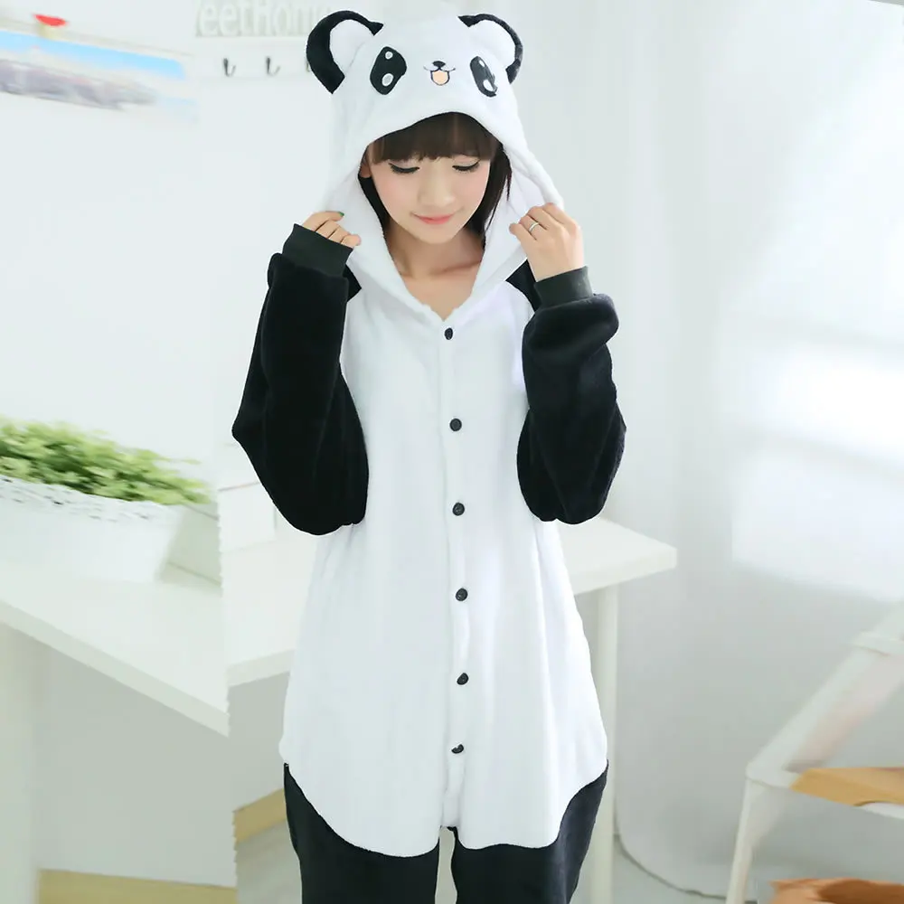 Adult Unisex Panda Pajamas Animal Flannel Hooded Pijama de Onesie Halloween Women Pajama Sets | Женская одежда