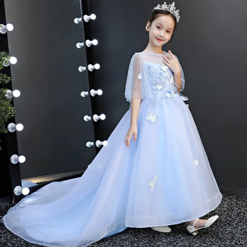 

2019Luxury Children Girls Wedding Evening Party Long Tail Dress Model Show Performance Piano Pageant Appliques Flowers Dress