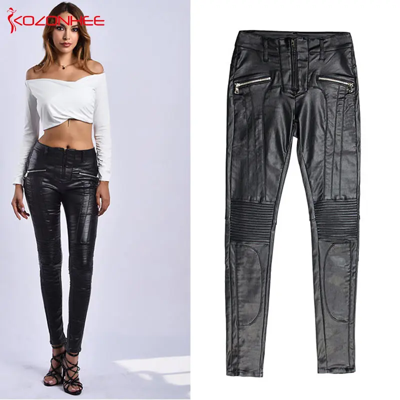Эластичные черные женские брюки из искусственной кожи с заниженной талией
