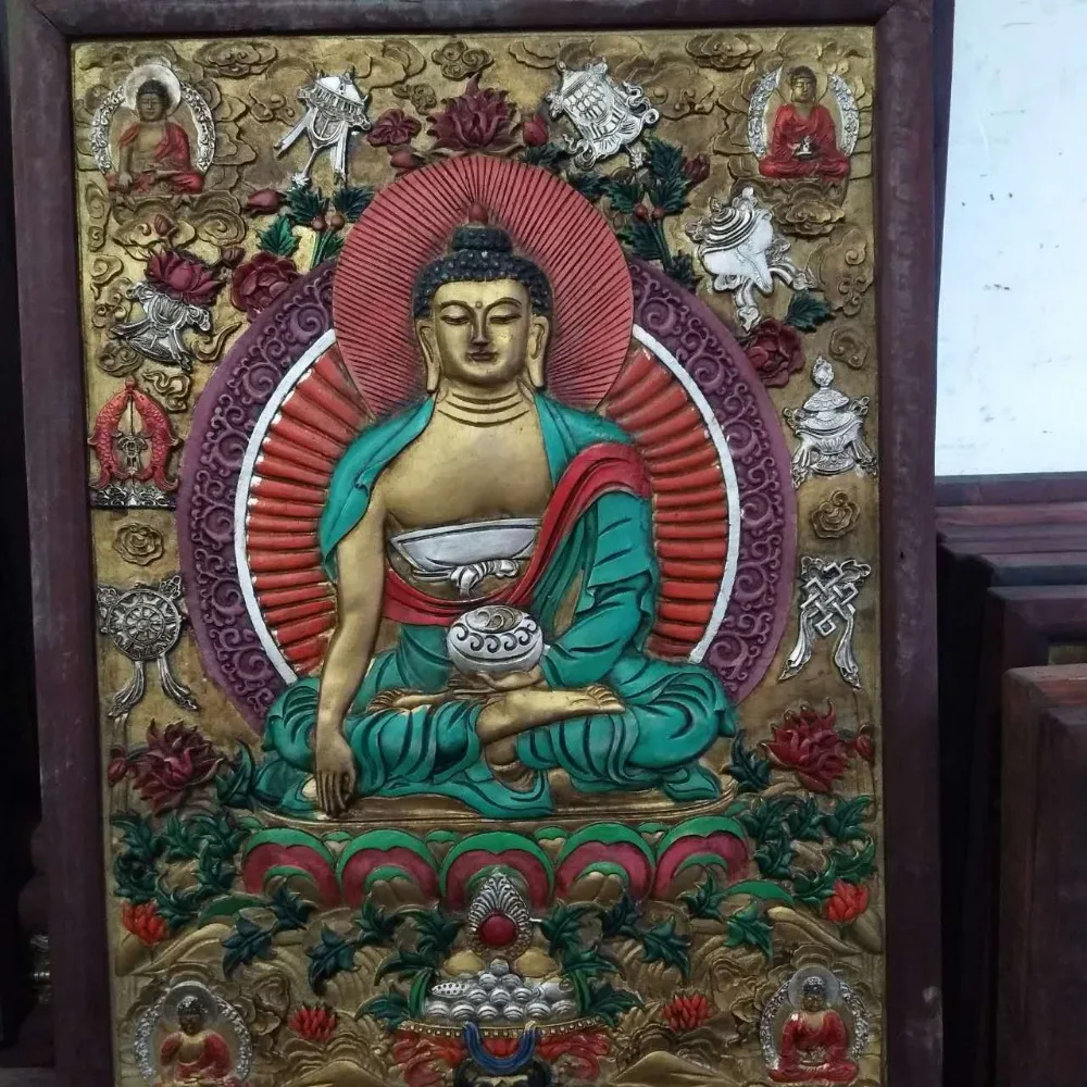 Tibet Wood Inlay Copper Painting Shakyamuni Amitabha Buddha Hang Wall Screen Buddhism Tathagata |