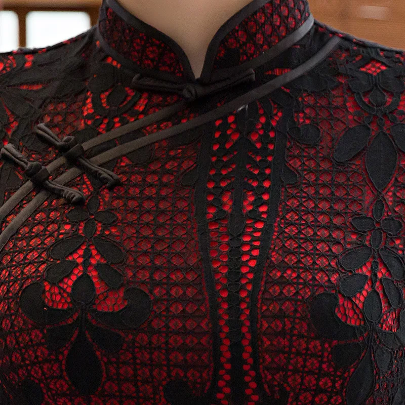 Fengmeisi китайский Cheongsam долго Qipao кружева красный черный тонкий пикантные винтажные