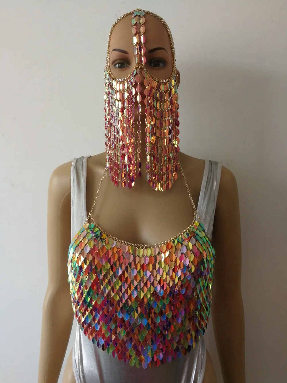 

Fashion WRHE1071 Women Multi Layer Colorful Plastic Leafs Gold Chain Neck Bra&Mask Chains Jewelry 3 Colors