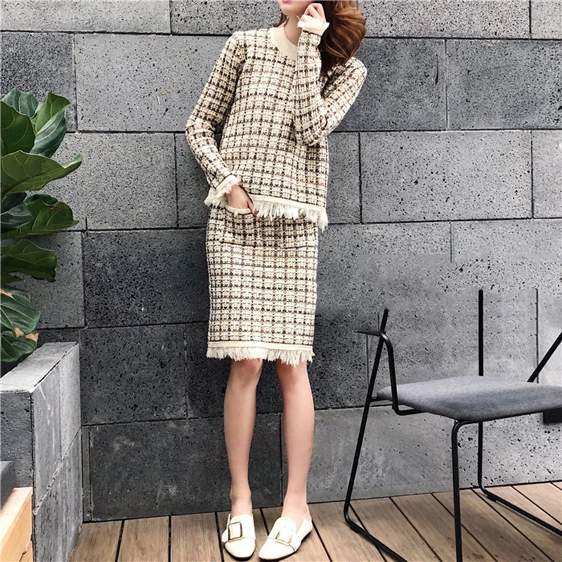 Женский твидовый костюм-двойка элегантный вязаный костюм из Свитера и