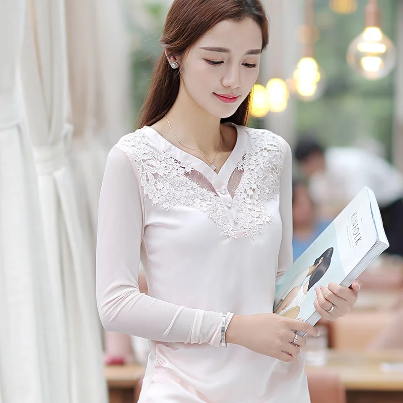 

2016 Autumn New Arrival Women Blouses Long Sleeve Shirt Floral Lace Sweet Pink Shirt Chiffon Blouses Plus Size Tops 697C 25