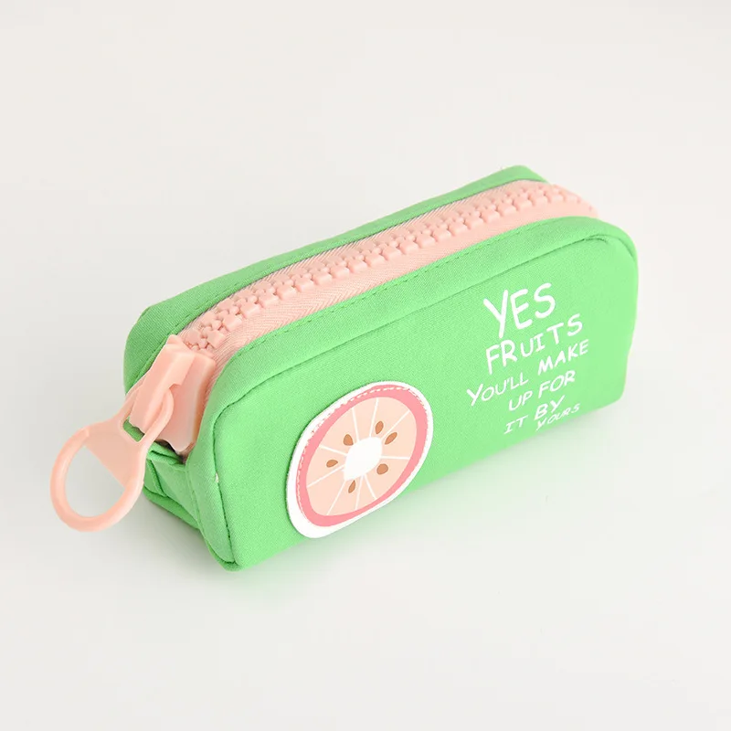 Зеленый Big Zipper Fruit Pencil Case Cute Large Capacity Canvas School Pencil Bag Pen Pouch School Supplies Zakka Creative Stationery - Цвет: Зеленый