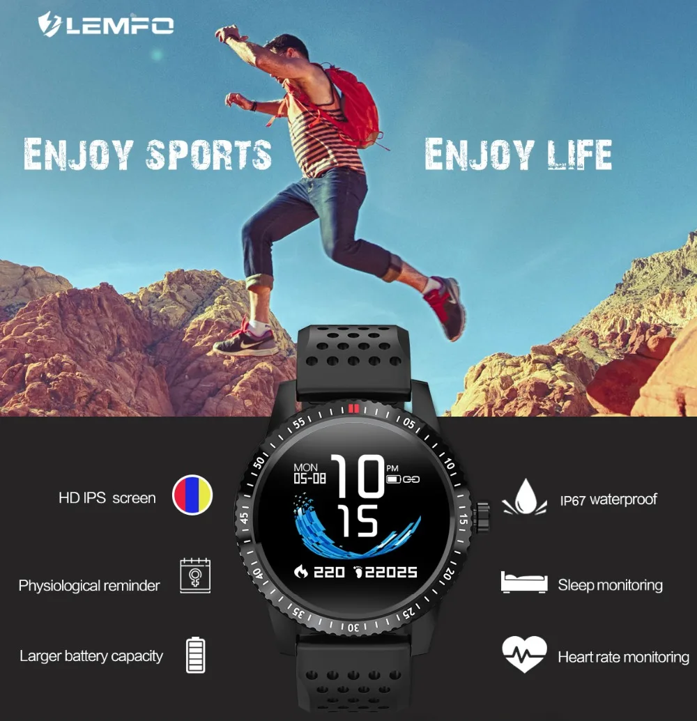 LEMFO T1 Смарт-часы для мужчин IP67 Водонепроницаемый сердечный ритм кровяное давление Вибрация напоминание Smartwatch для Android IOS 30 дней в режиме ожидания