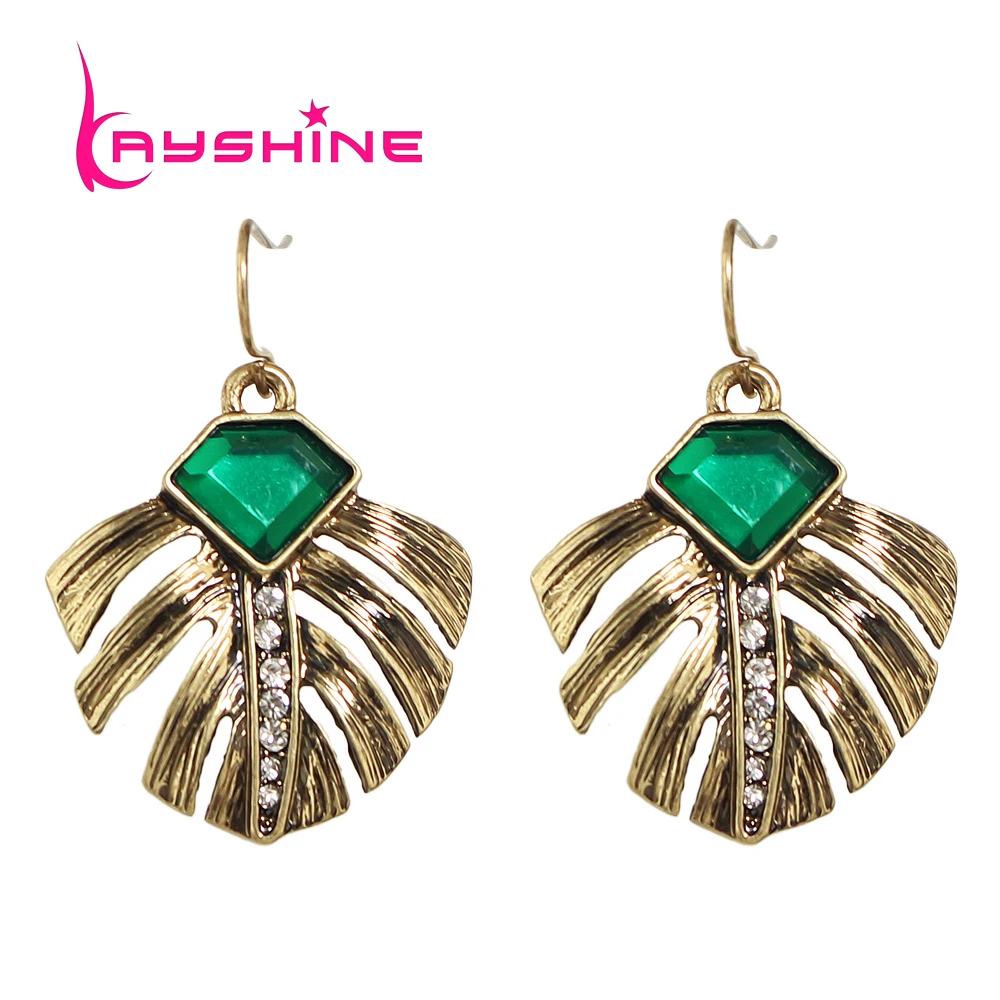 Vintage Female Earrings Costume Jewelry Anqitue Gold Color with Green Stone and Rhinestone Feather Shape Dangle Brincos|dangle earrings|earrings