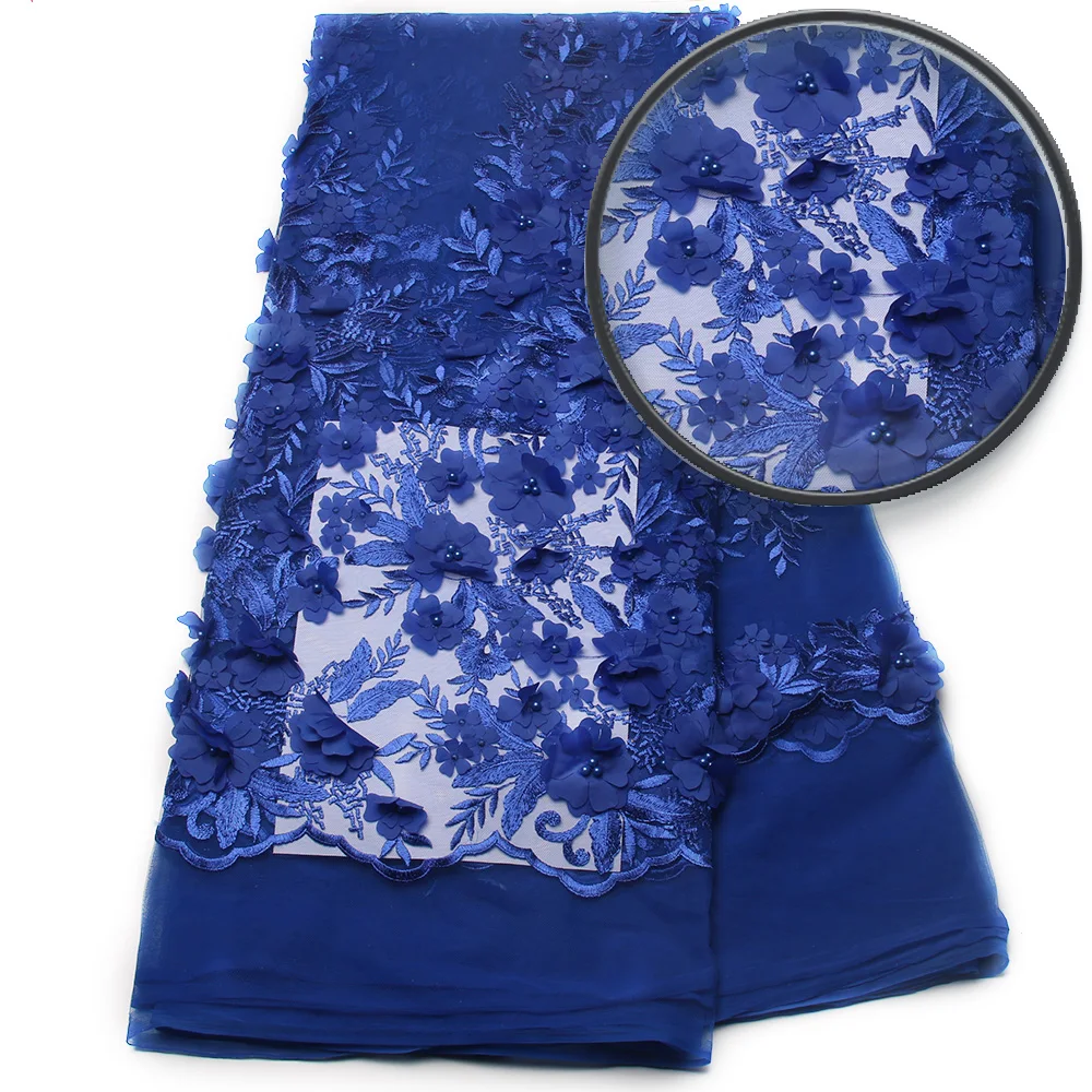 Сетка французский Кружево Ткань s высокое качество 2017 3D цветы Королевский синий