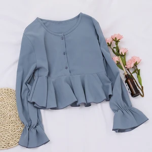 Женская шифоновая блузка с круглым вырезом и расклешенными рукавами, базовая винтажная короткая облегающая кардиган с завышенной талией, плиссированная блузка на пуговицах, на лето