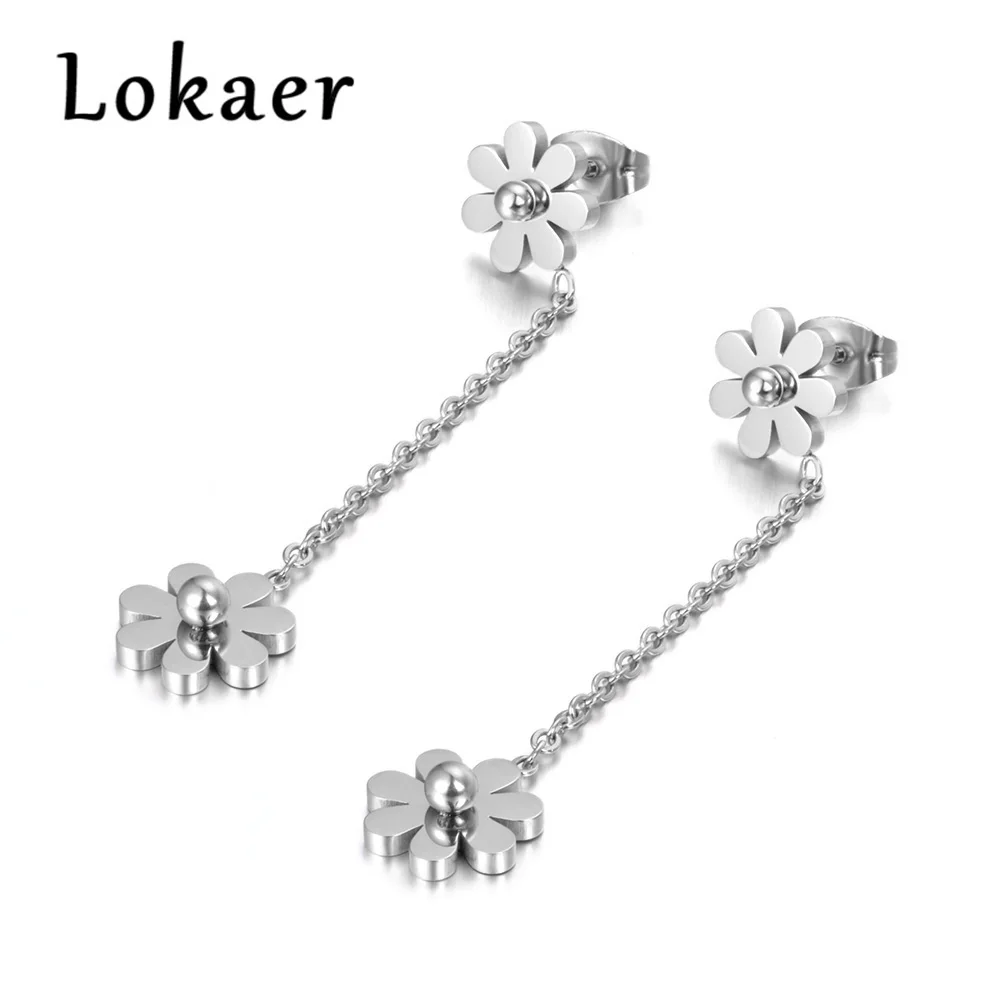 Lokaer, двойные маленькие длинные серьги с маргариткой, женские, для женщин, титан, розовая сталь золотого цвета, ювелирные изделия для девочек, лучший подарок E18330