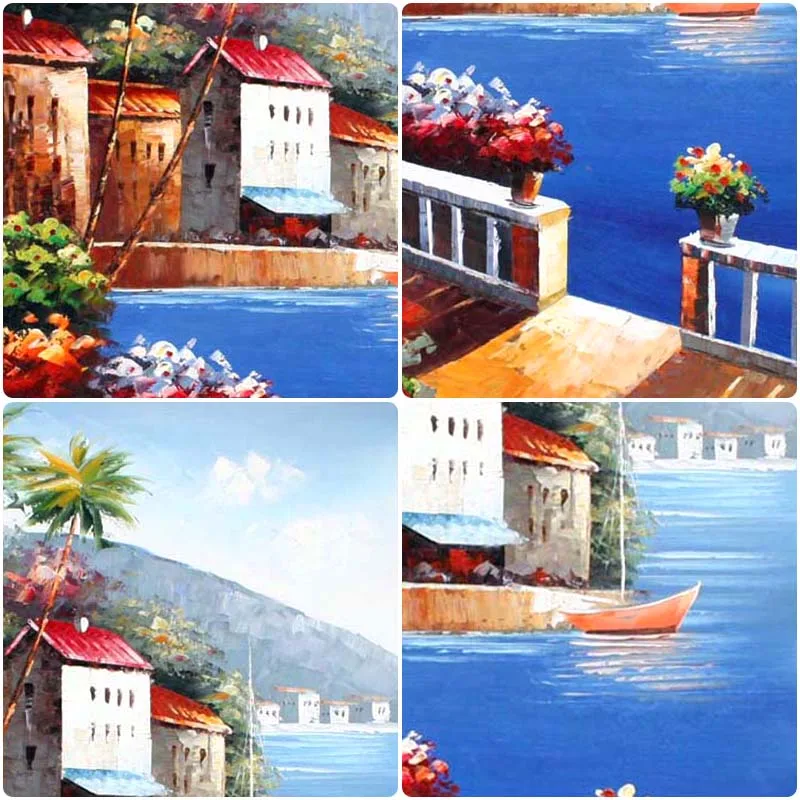 Hand painted oil painting on canvas romantic Mediterranean style seaside town Scenery | Дом и сад