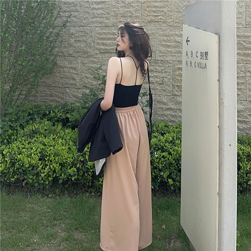 Fashion Two Pieces Set Women Clothing Sexy Crop Tops And High Waist Wide Leg Pant Spaghetti Strap Casual Two Pieces Outfits 2019