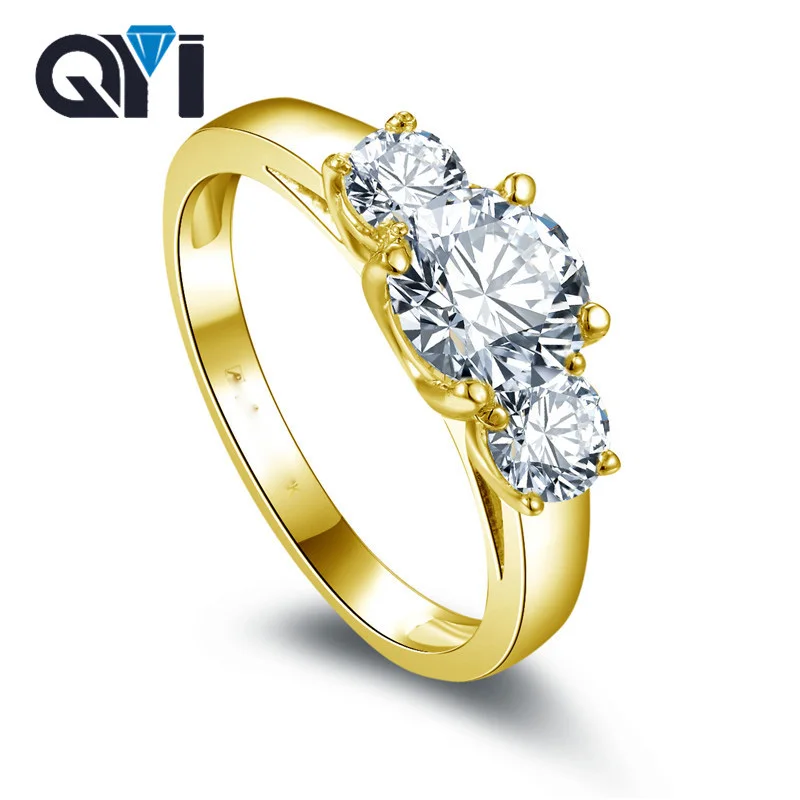 Женское Обручальное Кольцо QYI 14K из твердого желтого золота с тремя камнями