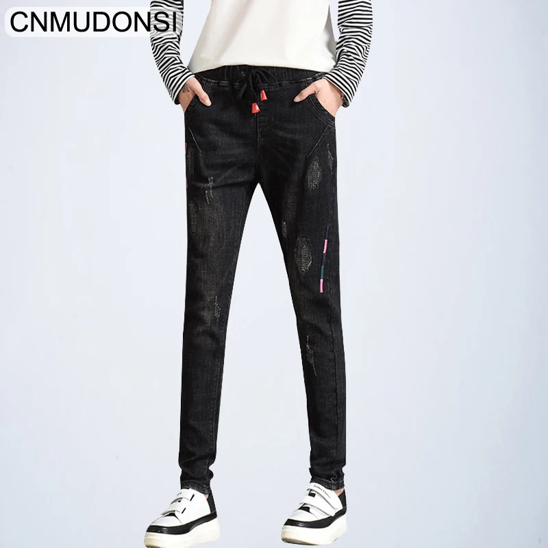 CNMUDONSI2019 New Women's Clothing Jeans Loose Wasit Plus Size Girls Korean Thin Casual Pants Students Leisure 26~32 | Женская
