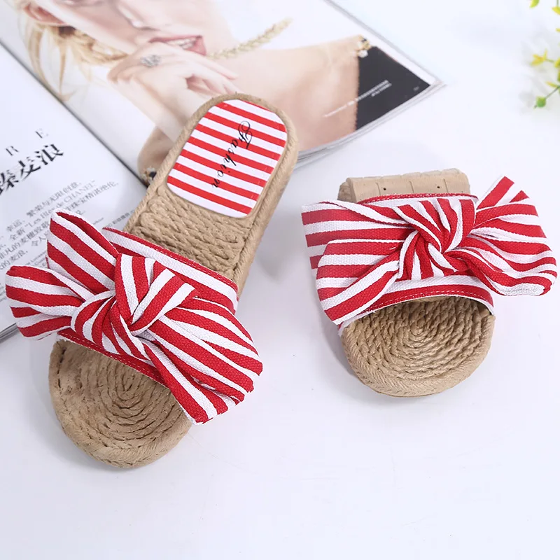Butterfly-knot Striped Summer Flat Slides Women Open Toe Outside Slippers Leisure Ladies Shoes | Обувь
