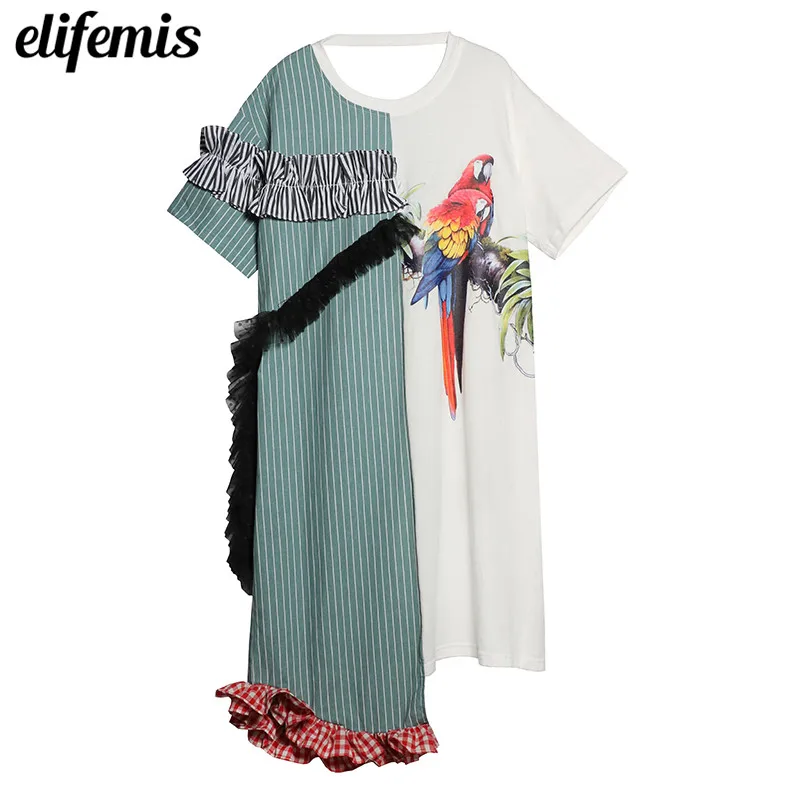 Лето Асимметричный в полоску платье В лоскутном стиле для Для женщин пикантные