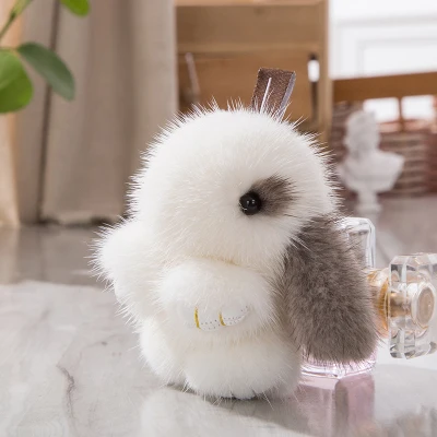 gray and White Мини 8 см кролики женские брелки из натурального меха норки кролик цепочка для ключей мех брелки сумки Кролики Брелок помпон мех заяц телефон кулон - Цвет: gray and White