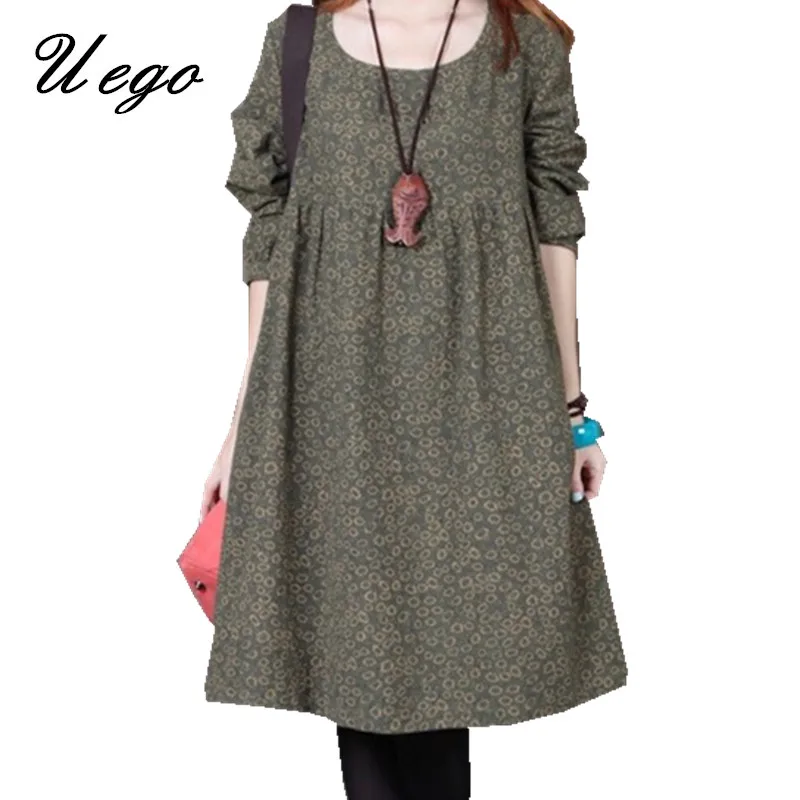 Модное платье "Цветочный принт осеннее" из хлопка и льна с длинным рукавом для женщин в стиле винтаж.