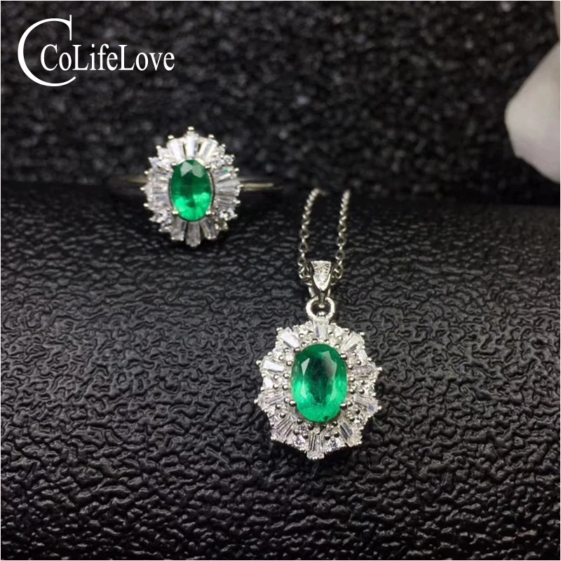 

Entry lux emerald jewelry set for office lady 100% real natural emerald ring pendant set solid 925silver emerald wedding jewelry