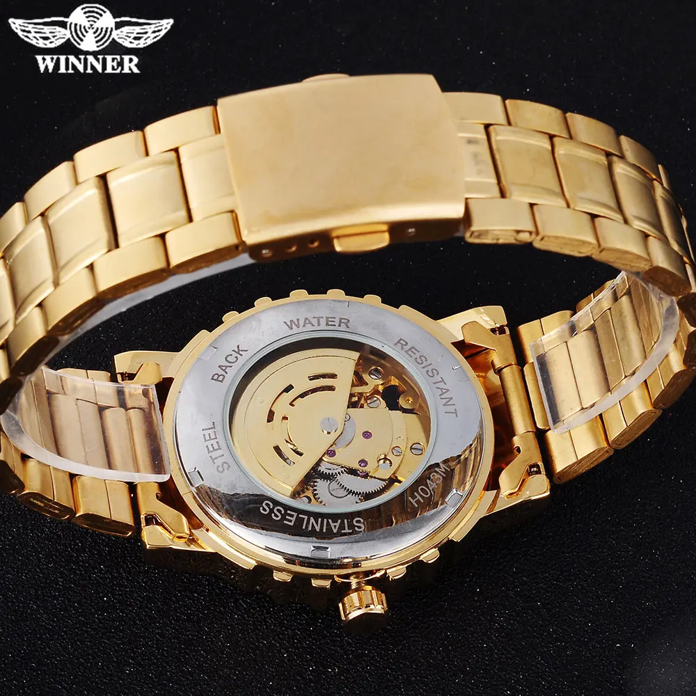 Мужские автоматические механические часы WINNER Стальные наручные с золотым